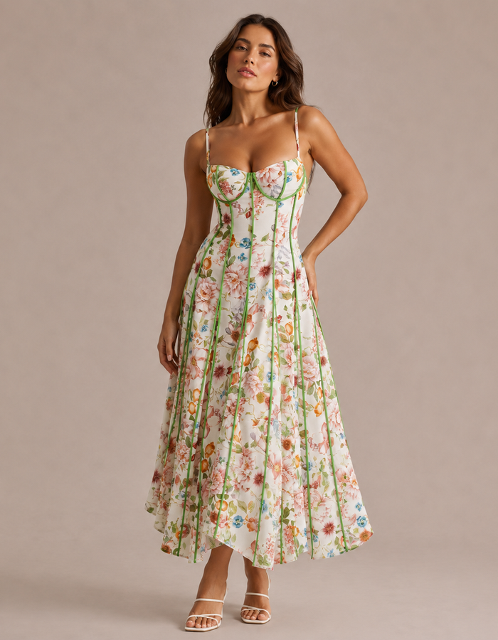 Vestido Corpete Floral Nervuras