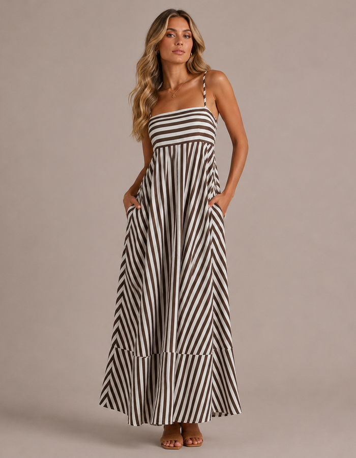 Striped Pleated Cami Long Dress