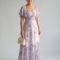 Vestido Longo Floral Manga Borboleta Decote Quadrado