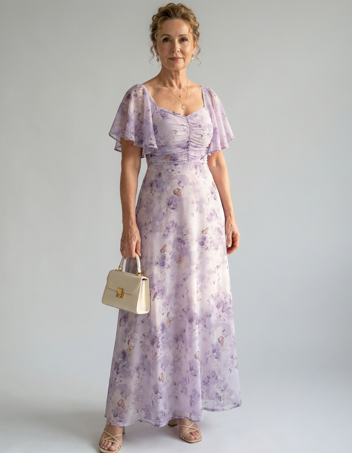 Vestido Longo Floral Manga Borboleta Decote Quadrado