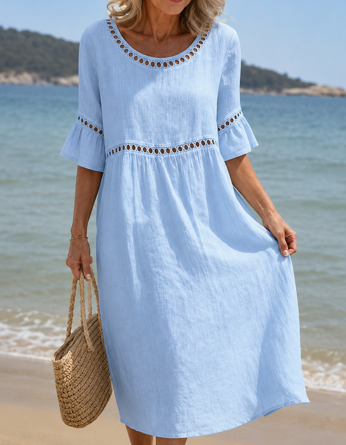 Vestido Longo Linho Bordado Vazado