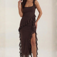 Vestido Longo Decote Quadrado Volantes